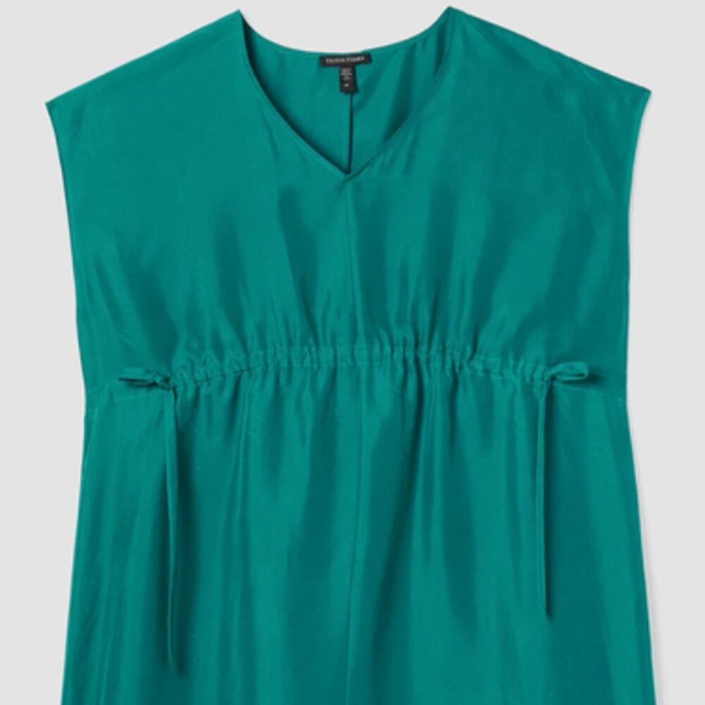 Eileen Fisher Women's Side Tie 100% Silk Midi Dress Flowy Teal Esmeralda Green L